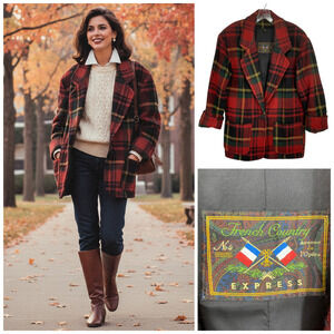 Vintage 1980's Express French Country Sz XS Oversized Red Plaid Wool Coat USA